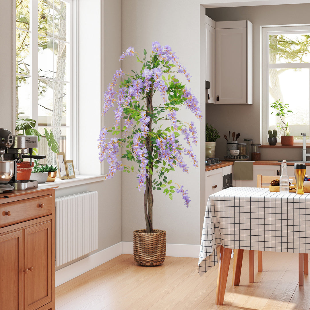 180cm Ficus Artificial Tree, Fake Wisteria Tree in Nursery Pot, Indoor Greenery Tall Faux Floor Plant for Living Room Office Decor, Purple