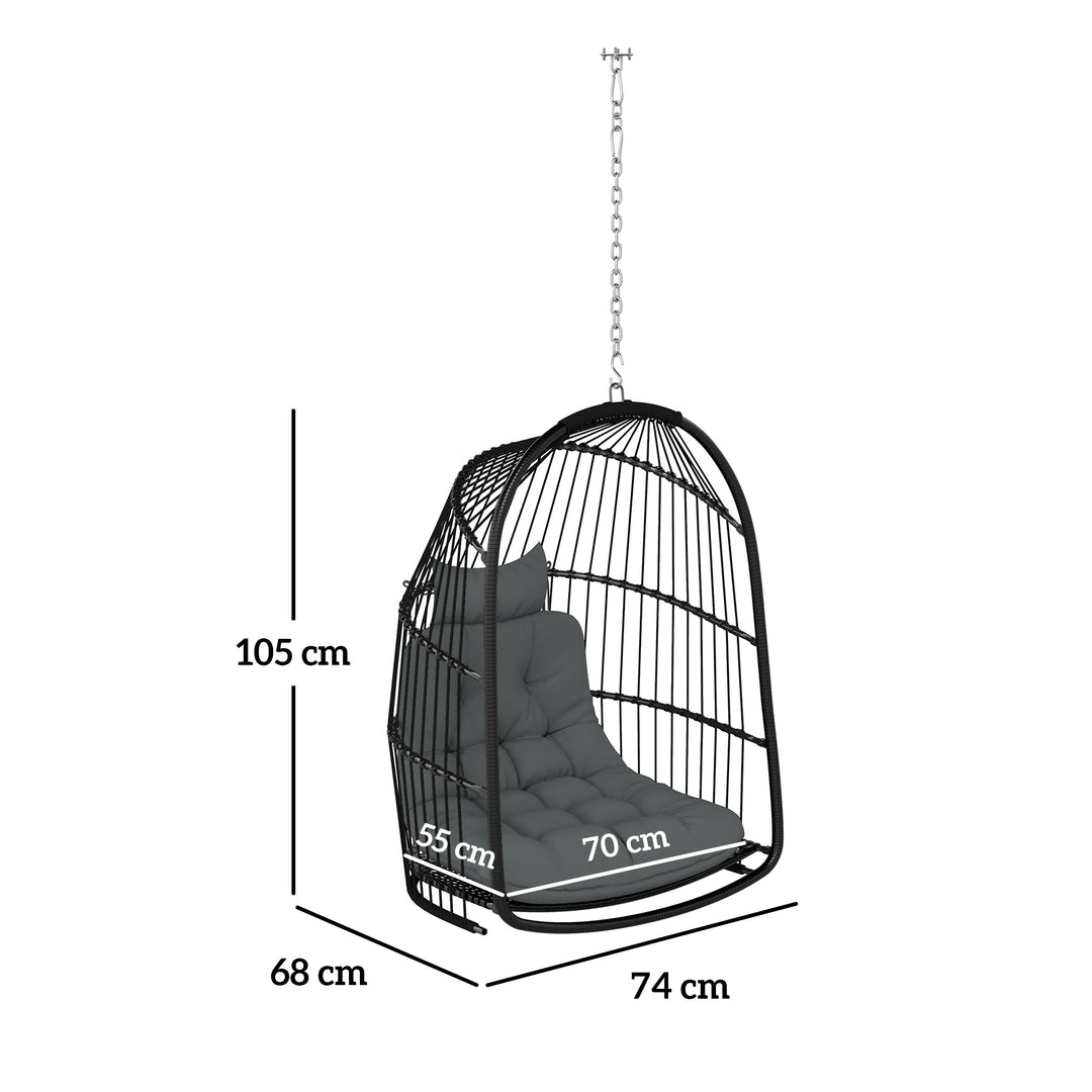 Hanging Egg Chair, Foldable Rattan Garden Swing Chair with Installation Kit, Thickened Cushion and Headrest, Indoor Outdoor Hanging Egg Basket Seat for Patio, Porch, Dark Grey