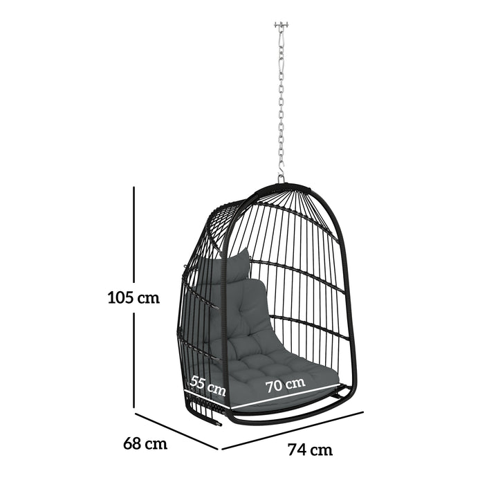 Hanging Egg Chair, Foldable Rattan Garden Swing Chair with Installation Kit, Thickened Cushion and Headrest, Indoor Outdoor Hanging Egg Basket Seat for Patio, Porch, Dark Grey