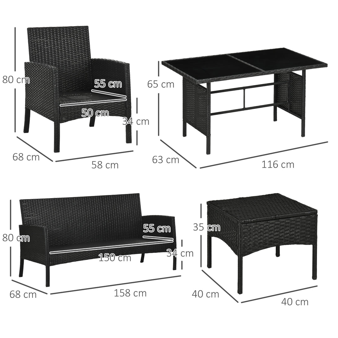 5 Seater Rattan Garden Furniture Set, 2 Armchairs, 3-Seater Wicker Sofa, 2 Footstools and Glass Table, 6 Piece Patio Rattan furniture Sofa Sets with Cushions for Conservatory, White
