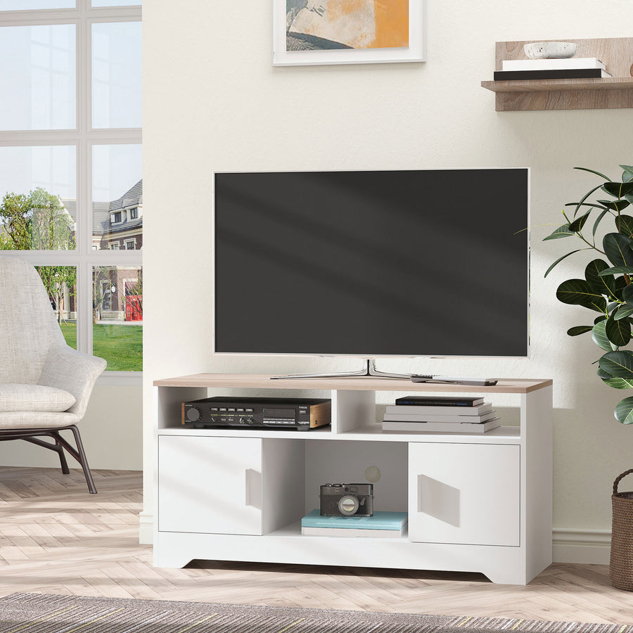 TV Stand Cabinet up to 50", Modern TV Unit with Storage, Open Shelves and Cable Management for Living Room, Bedroom, White