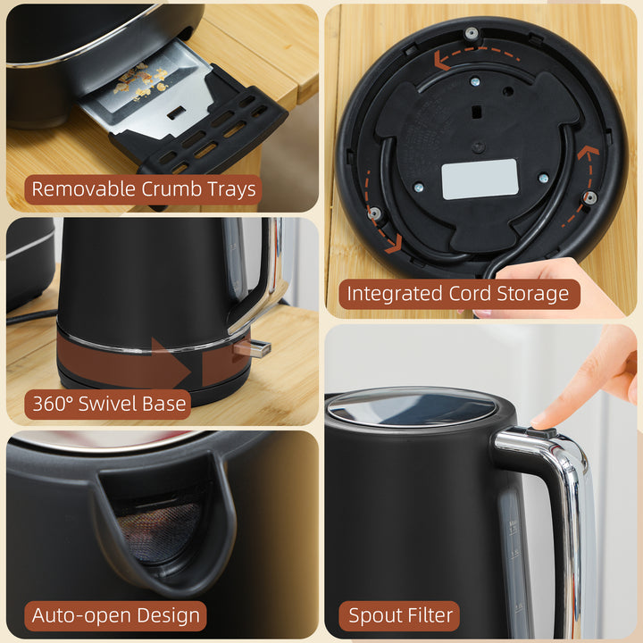 Kettle and Toaster Set, 1.7L 3000W Fast Boil Kettle & 2 Slice Toaster Kitchen Set with 6 Level Browning Controls, Defrost, Reheat, Black