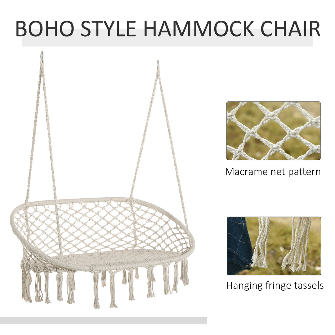 Hanging Hammock Chair Cotton Rope Porch Swing with Metal Frame, Large Macrame Seat for Patio, Garden, Bedroom, Living Room, Cream White