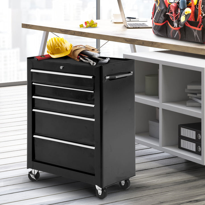 5-Drawer Tool Chest, Lockable Steel Tool Storage Cabinet with Wheels and Handle Tool Box for Garage, Workshop, Black