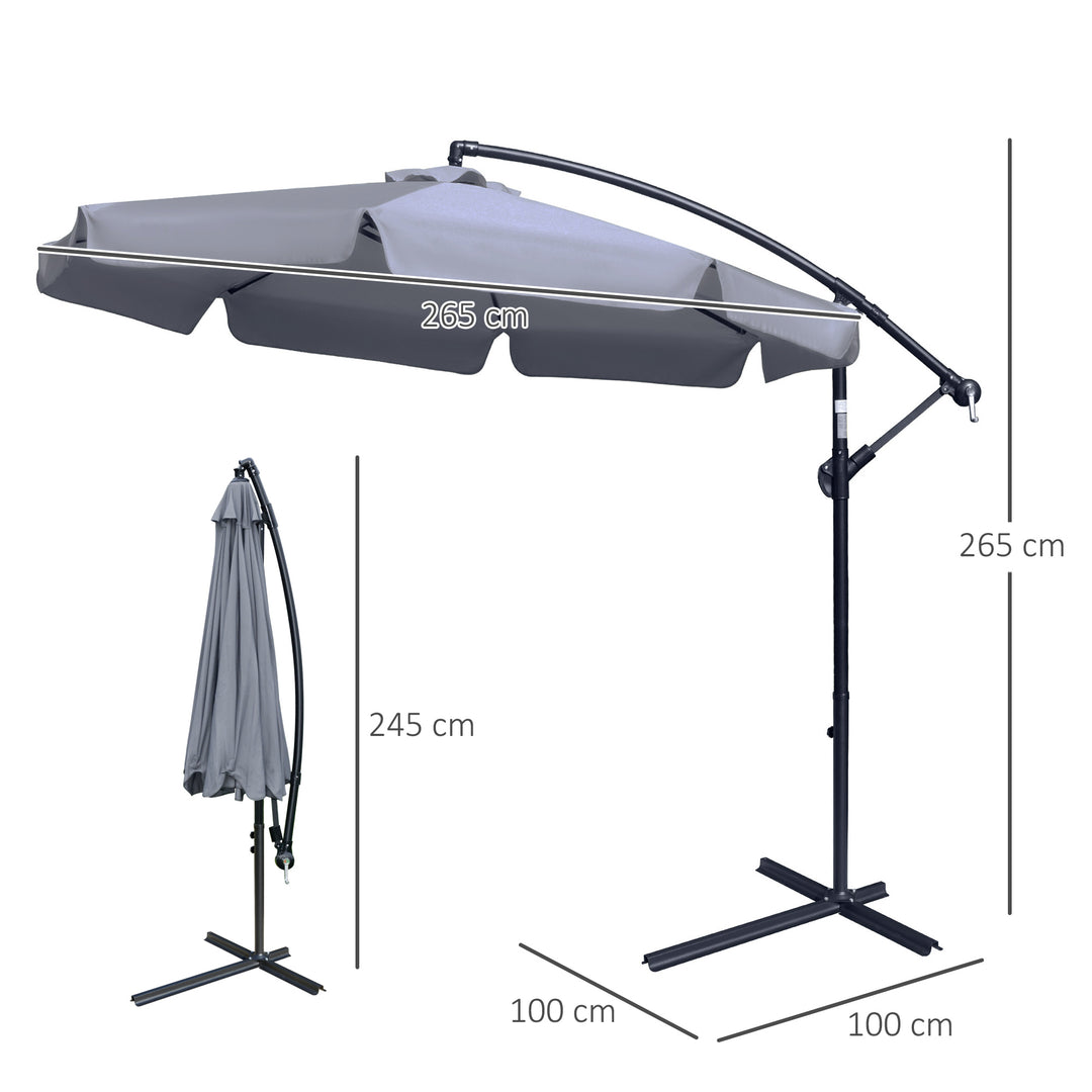 MCL 2.7m Garden Banana Parasol Cantilever Umbrella with Crank Handle and Cross Base for Outdoor, Hanging Sun Shade, Dark Grey