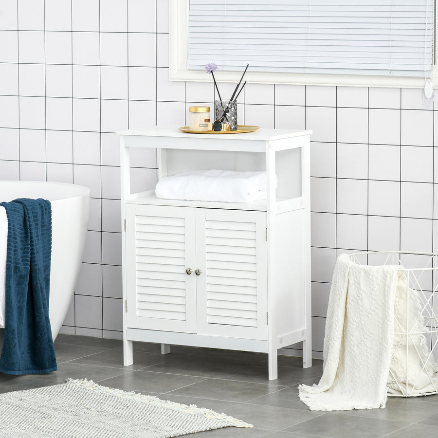 Bathroom Storage Unit Cabinet with Open Storage Shelf, Freestanding Floor Cabinet Organizer with 2 Doors for Living Room Kitchen Entryway, White