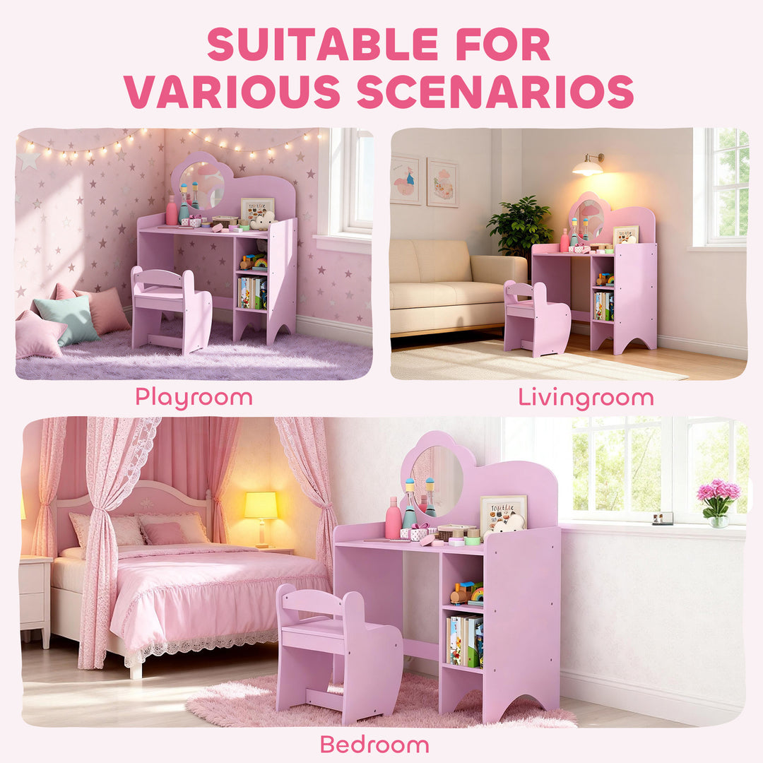 Kids Dressing Table with Mirror, Stool, Kids Vanity Table with Shelves, for Ages 3-8 Years