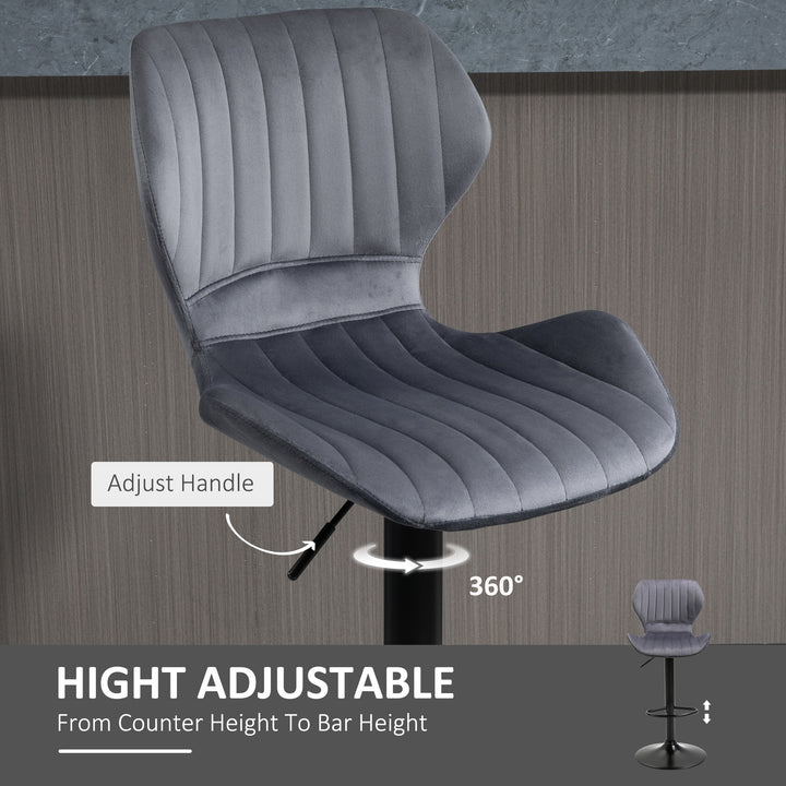 HOMCOM Bar Stool Set of 2 Velvet-Touch Fabric Adjustable Height Swivel Counter Chairs with Footrest, Grey