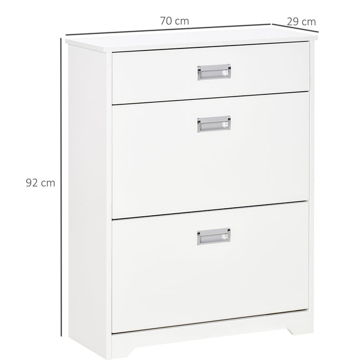 Shoe Cabinet, Slim Shoe Storage Cabinet with Drawer, 2 Flip-up Doors and Adjustable Shelf, Narrow Shoe Cupboard for 16 Pairs of Shoes for Entryway, Hallway, White