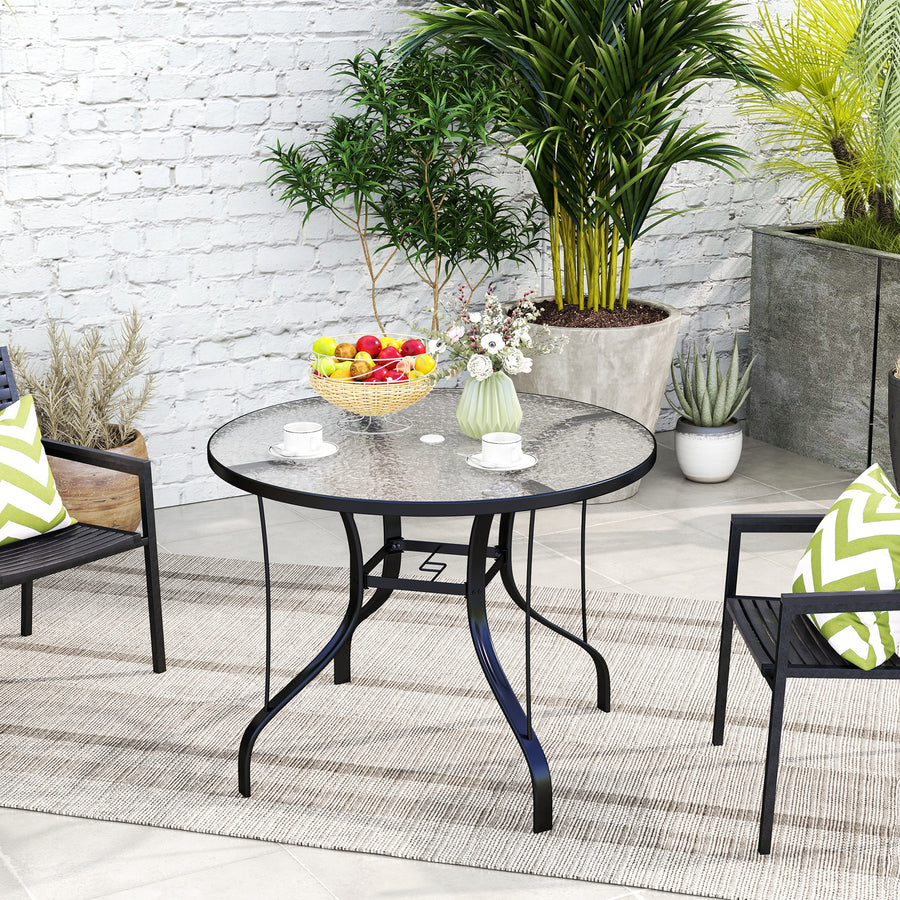 Tempered Glass Top Round Outdoor Dining Table with Parasol Hole, 96.5 x 96.5 x 71 cm