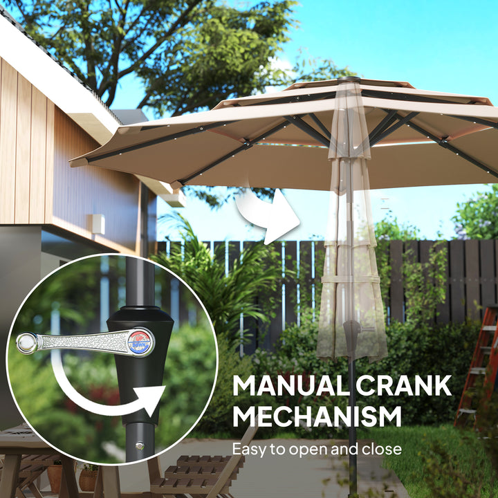 3-Tier Garden Parasol with Solar LED Lights, UPF 30+, Tilt Mechanism & Crank Handle, for Market Terrace, Khaki