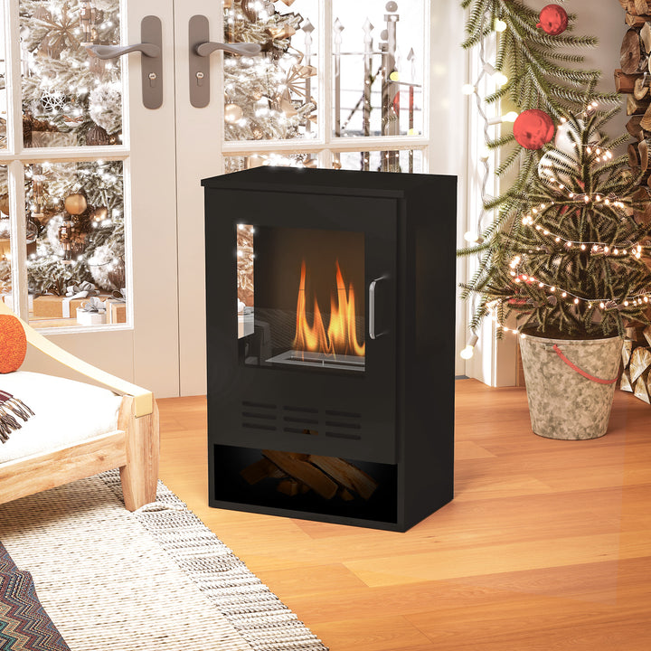 Ethanol Fireplace Stove with Shelf, Freestanding Bioethanol Fire, Indoor Ethanol Burner with 0.9 Litres Volume, Burns for Up to 3.3 Hours, 27 Inch, Black