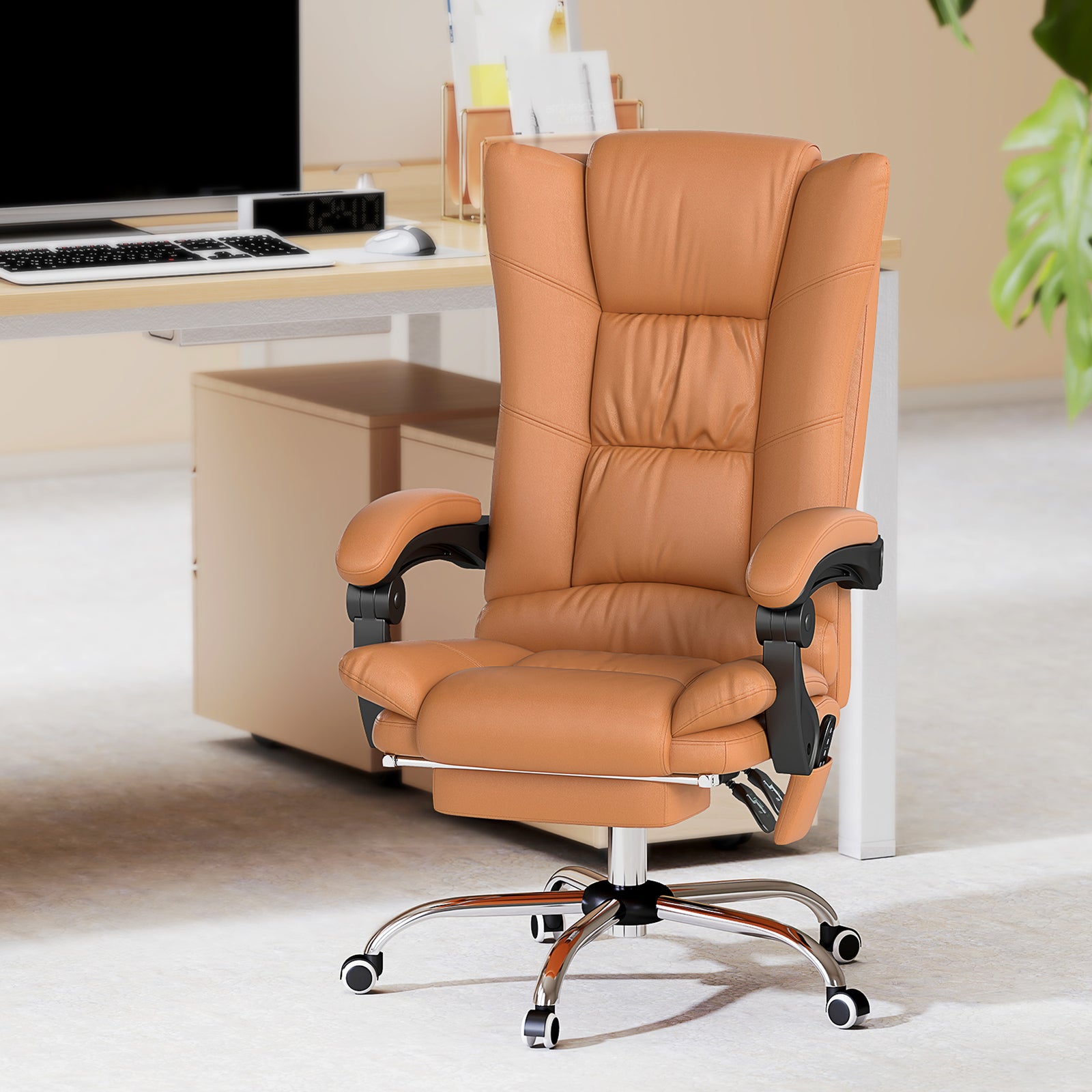 High Back Vibration Massage Office Chair, Heated Reclining PU Leather Computer Chair with 135° Reclining Back and Footrest, Light Brown