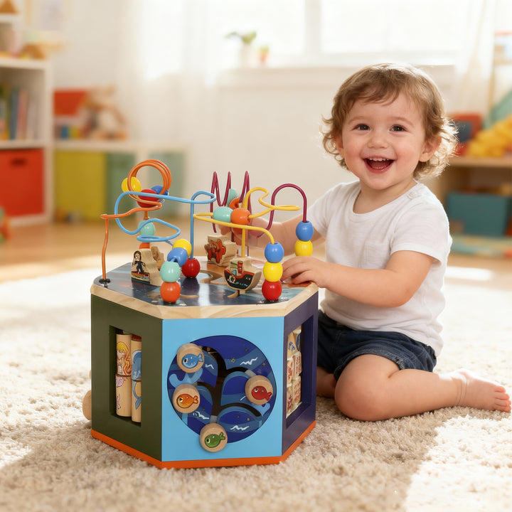 MCL Wooden Activity Cube, Baby Toys with Bead Maze, Pattern Sorter for Toddlers Boys and Girls 18+ Months