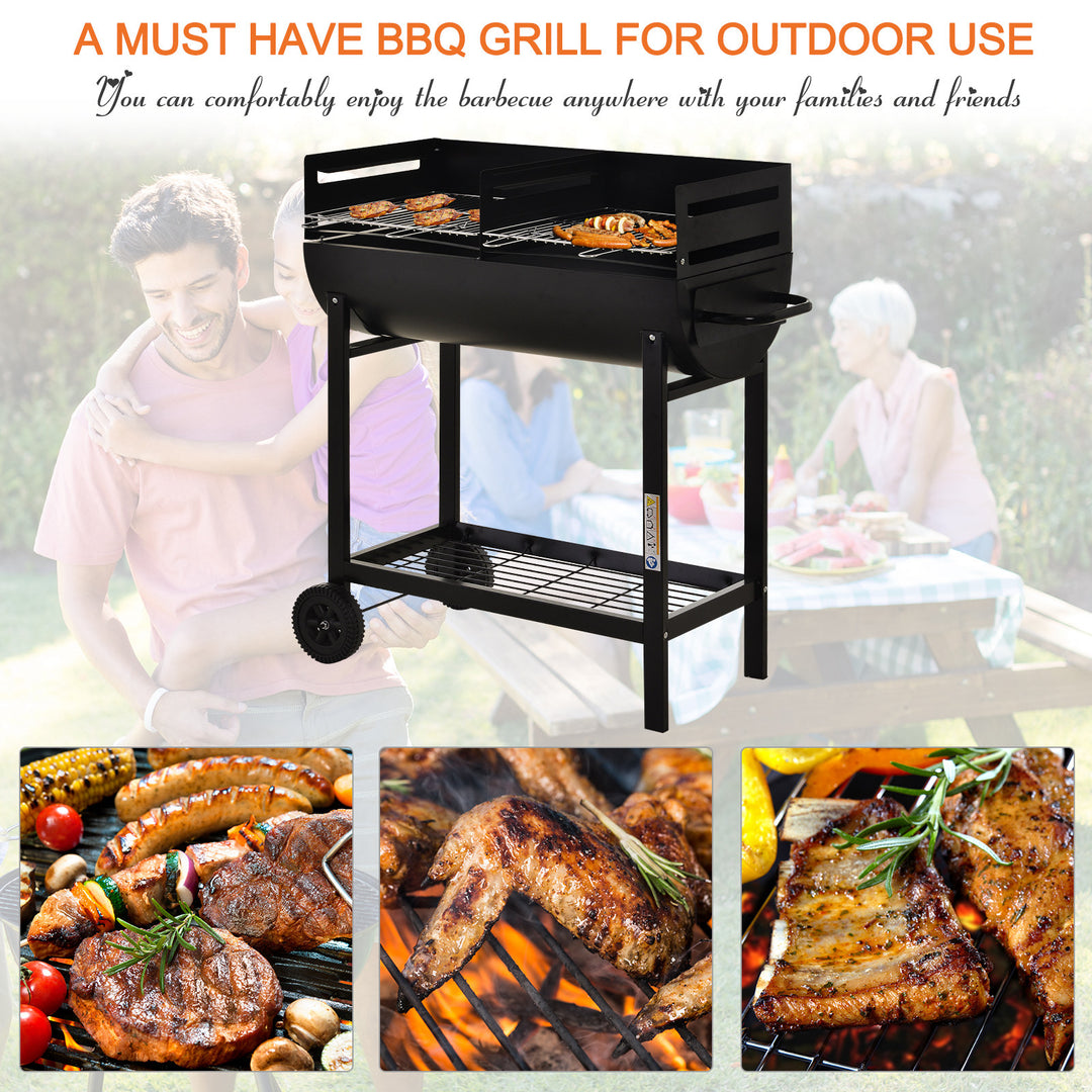 Outsunny Charcoal Barbecue Grill Garden BBQ Trolley w/ Dual Grill, Adjustable Grill Nets, Heat-resistant Steel, Wheels, Black | Aosom UK