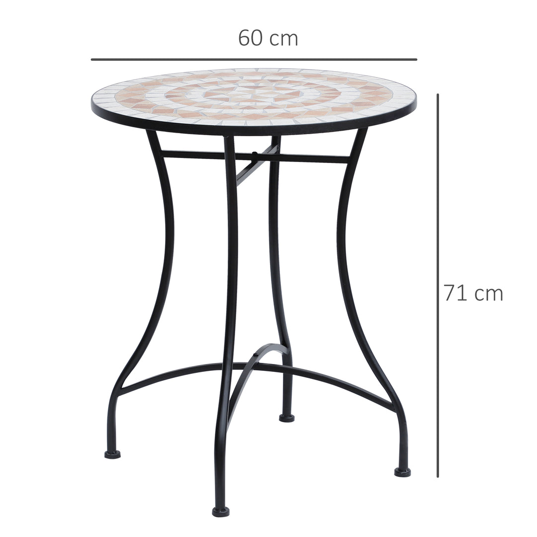 60 cm Mosaic Garden Table, Small Round Outdoor Side Table with Ceramic Top, Plant Stand for Patio, Balcony, Orange and White