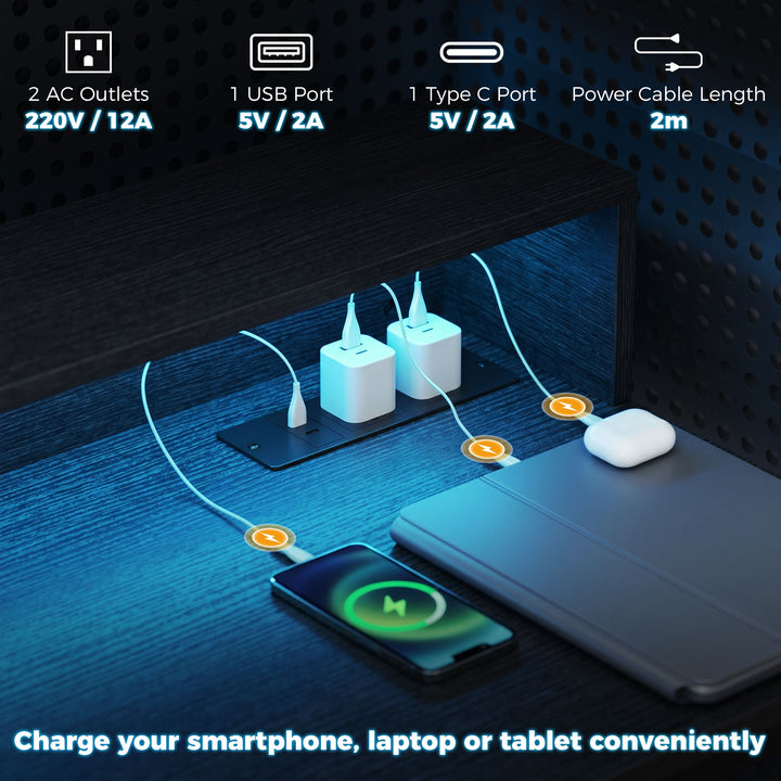 Gaming Desk, 100cm Computer Desk with LED Lights, Power Outlets, Monit