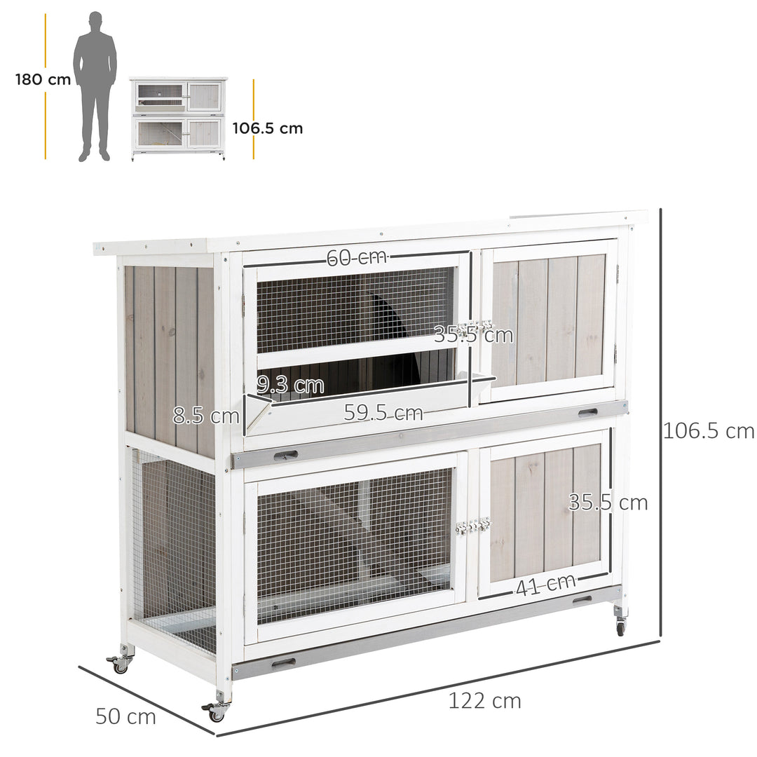 Wooden Pet Hutch, Two-Tier Cage with Rain Cover, Wheels, White