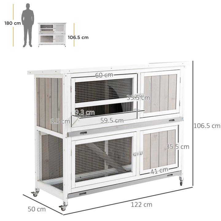 Wooden Pet Hutch, Two-Tier Cage with Rain Cover, Wheels, White