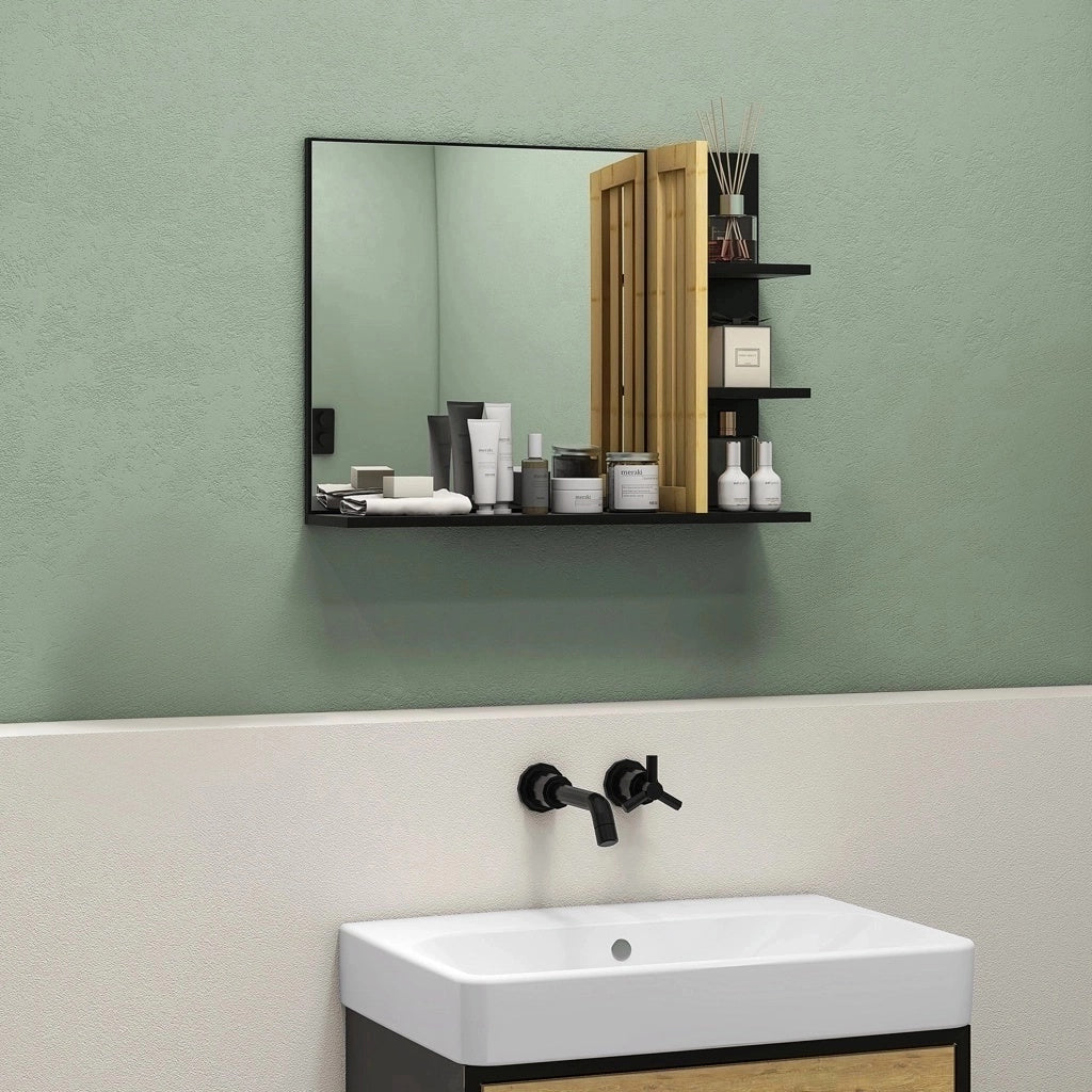 Bamboo Panel Bathroom Mirror, with Shelves