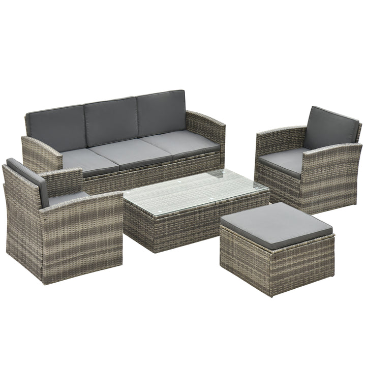 Rattan Garden Furniture Outdoor Patio 5 Piece Wicker Weave Sofa Set with Storage, Cushioned, 3-Seater Sofa + 2 Single Chairs + Foot Stool + Coffee Table