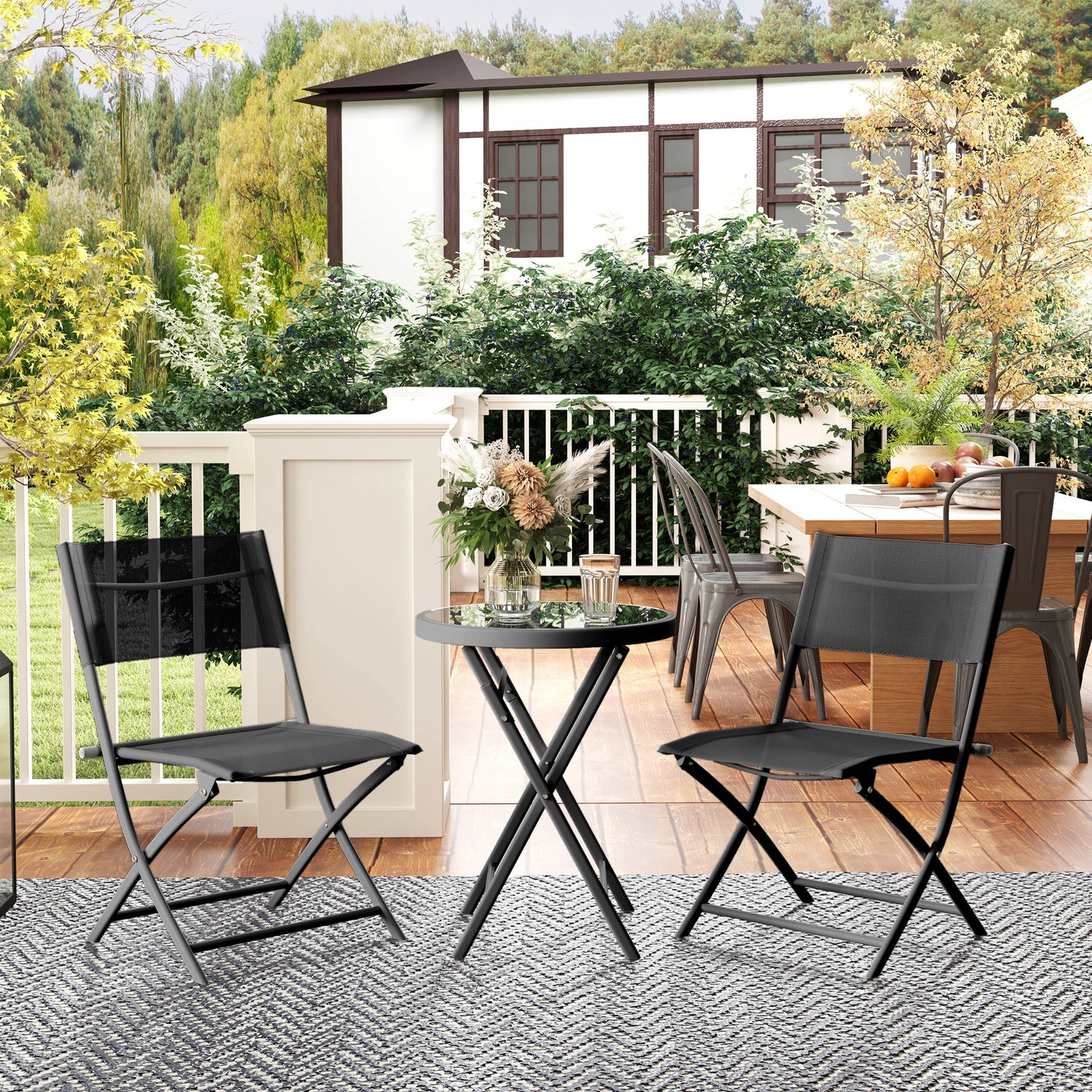 3 Pieces Outdoor Bistro Set, Glass Top Outdoor Table and 2 Folding Cha