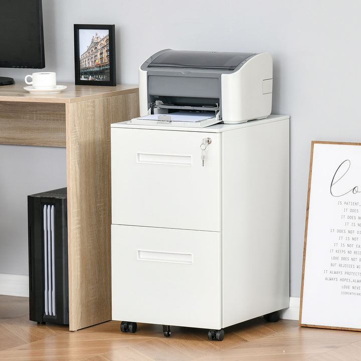 Metal Mobile File Cabinet with Wheels, Lockable 2 Drawer Filing Cabinet for A4, Legal, Letter, Compact Under Desk Storage Unit with Pre-Assembled Body for Home Office, 39 x 48 x 67cm, White
