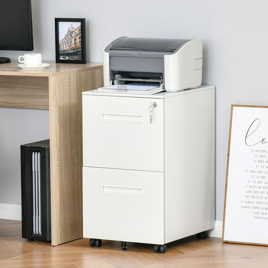 Metal Mobile File Cabinet with Wheels, Lockable 2 Drawer Filing Cabinet for A4, Legal, Letter, Compact Under Desk Storage Unit with Pre-Assembled Body for Home Office, 39 x 48 x 67cm, White