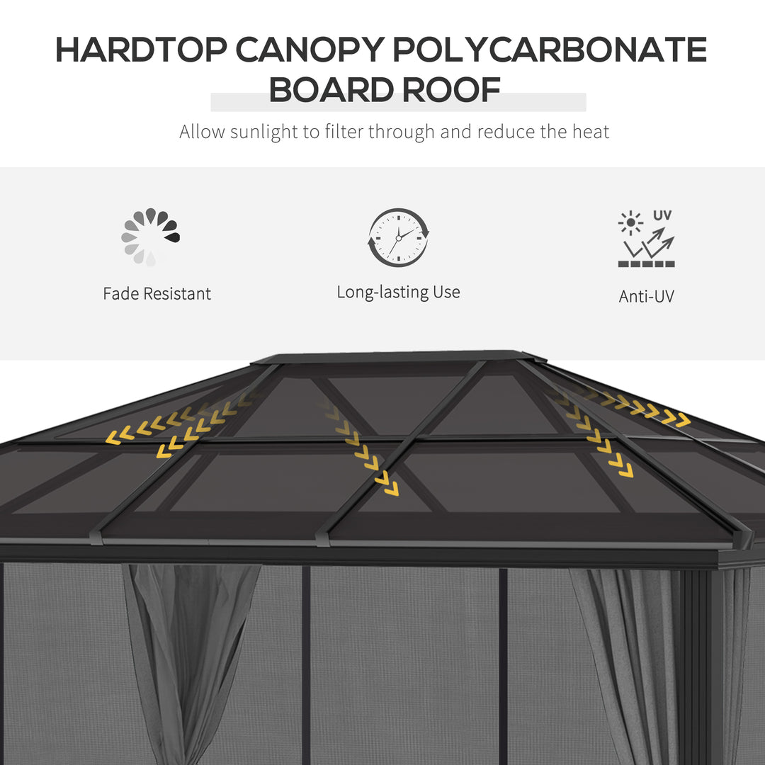 3 x 4m Hard Top Gazebo Garden Pavilion with Netting and Curtains, Polycarbonate Roof and Aluminium Frame