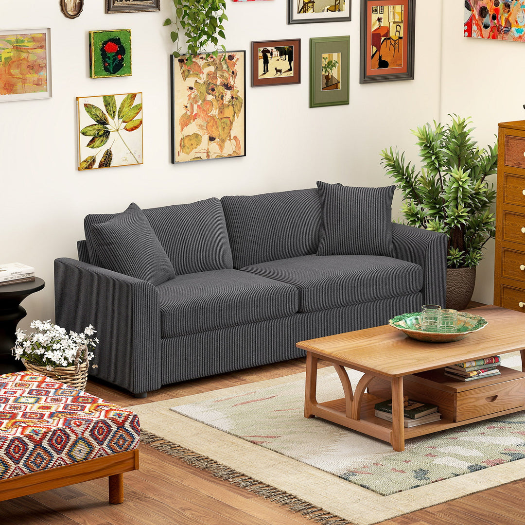 Modern 3 Seater Sofa with Spring Cushion, 212 cm Fabric Jumbo Cord Sofa Couch with 2 Scatter Cushions, Upholstered Corduroy Settee for Living Room, Bedroom, Home Office