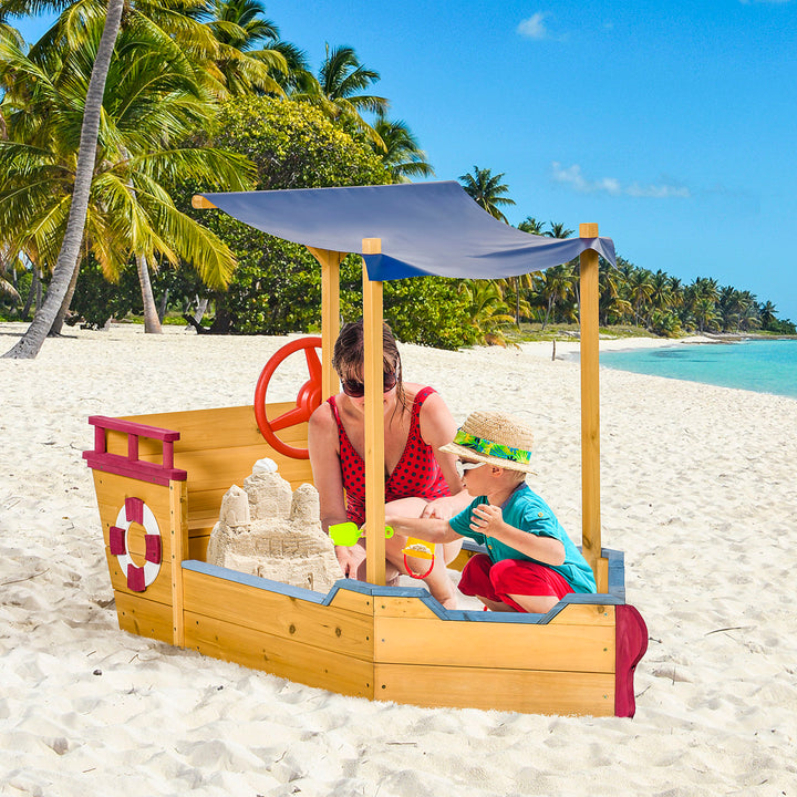 Outsunny Kids Wooden Sandbox Play Station, Covered Children Sand boat Outdoor, for Backyard, w/ Canopy Shade, Aged 3