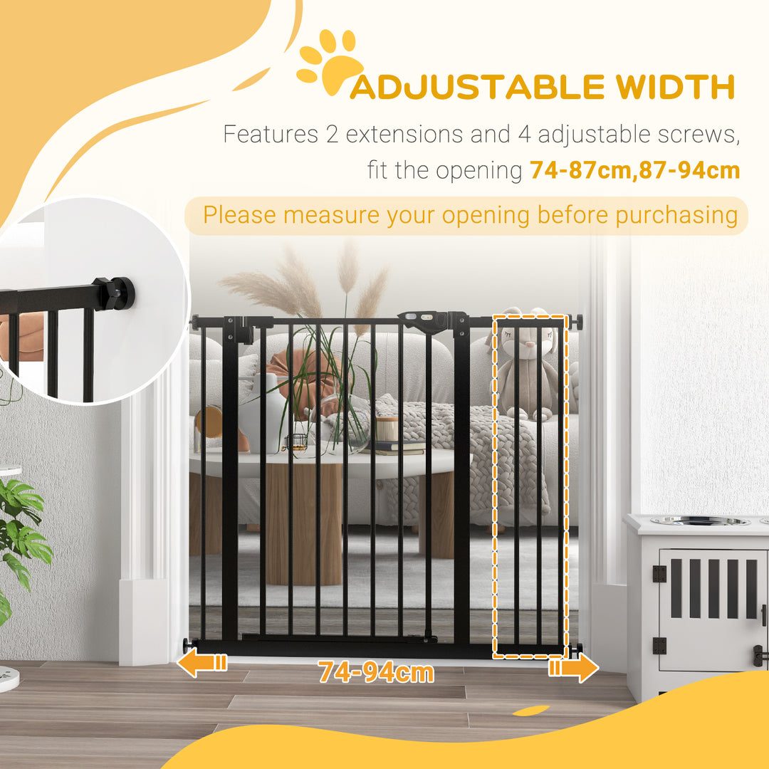 PawHut Dog Gate for Stairs Dog Gate Pet Gate with Openable Metal Frame, Slide and Lift the Handle to Pass, 74-94Wcm, Black | Aosom UK