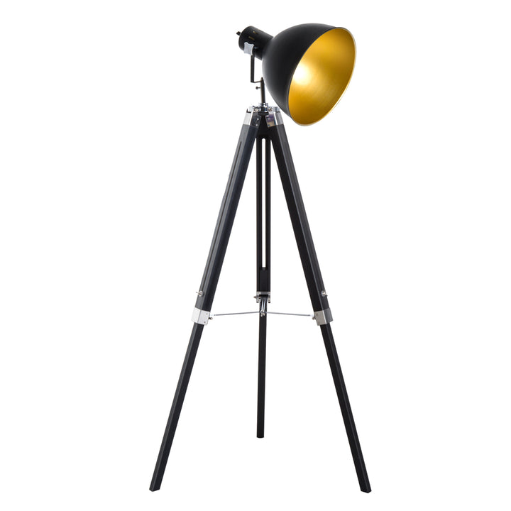 HOMCOM Tripod Spotlight: Wooden Legs, Metallic Shade, Stylish Illumination for Studios, Black & Gold | Aosom UK