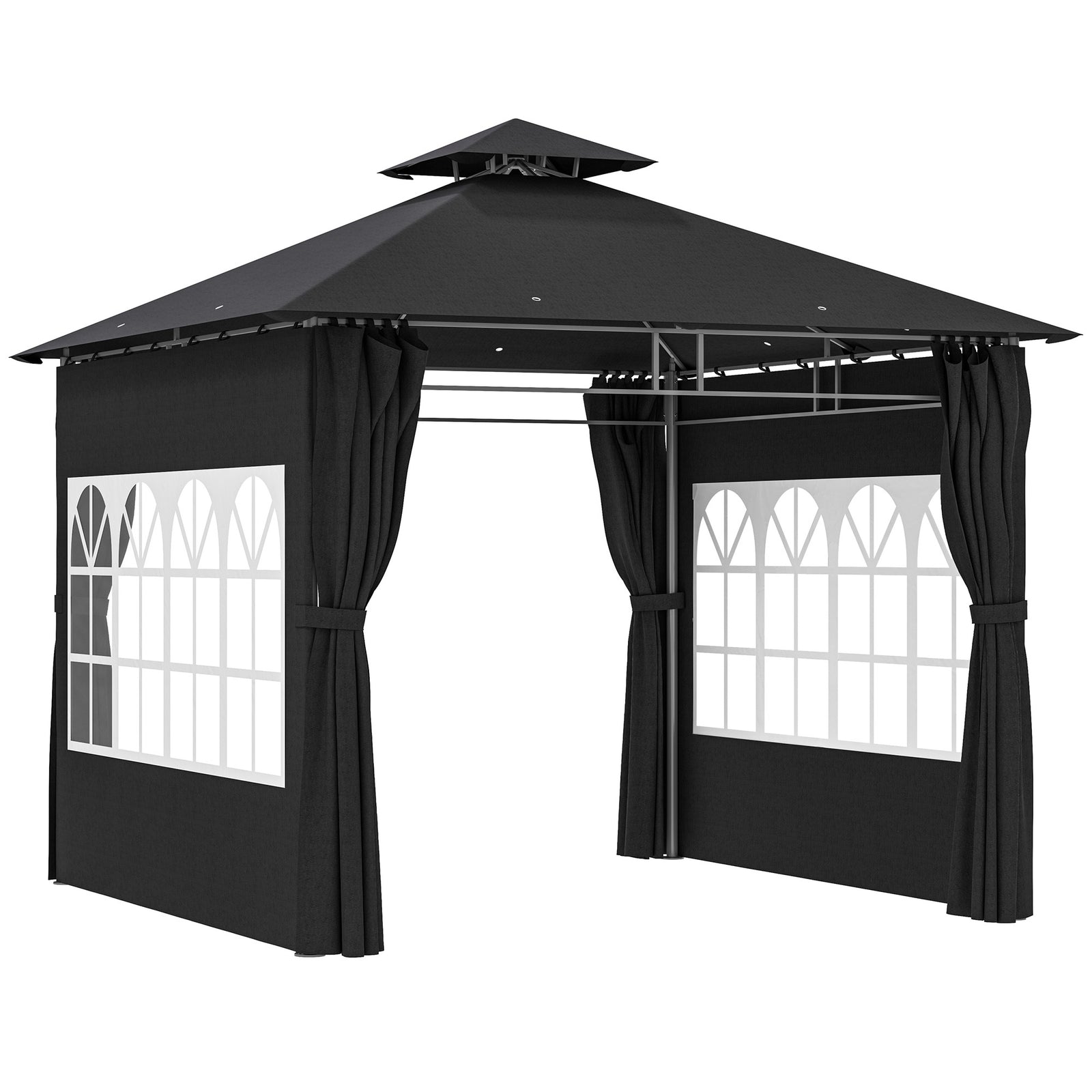 3 x 3 m Garden Gazebo, Double Roof Metal Gazebo with Removable Sidewalls and Church Windows, Outdoor Canopy Shelter, Black