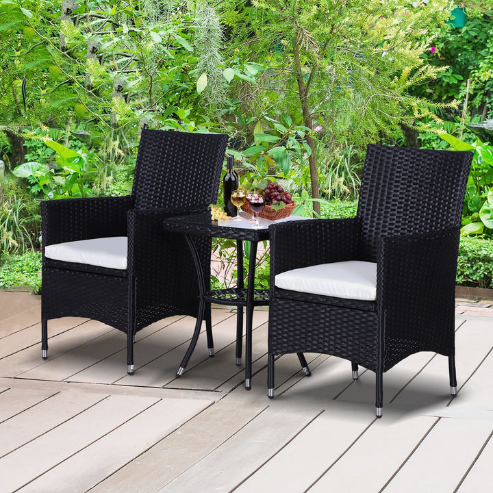 Outsunny Rattan Bistro Set, 3 Piece Garden Furniture with Weave Companion Chairs and Table, Conservatory Patio Set, Black