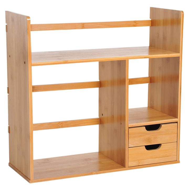 HOMCOM Desk Organiser, Bamboo Desktop Bookshelf with 2 Drawers and Stationery Storage, Reversible Use | Aosom UK