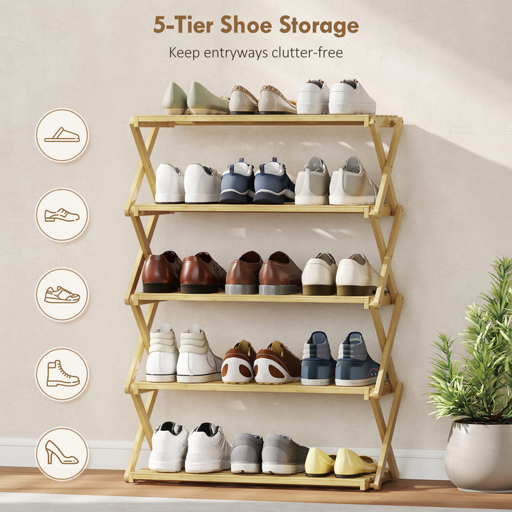 Five-Tier Folding Bamboo Shoe Rack - Natural Finish