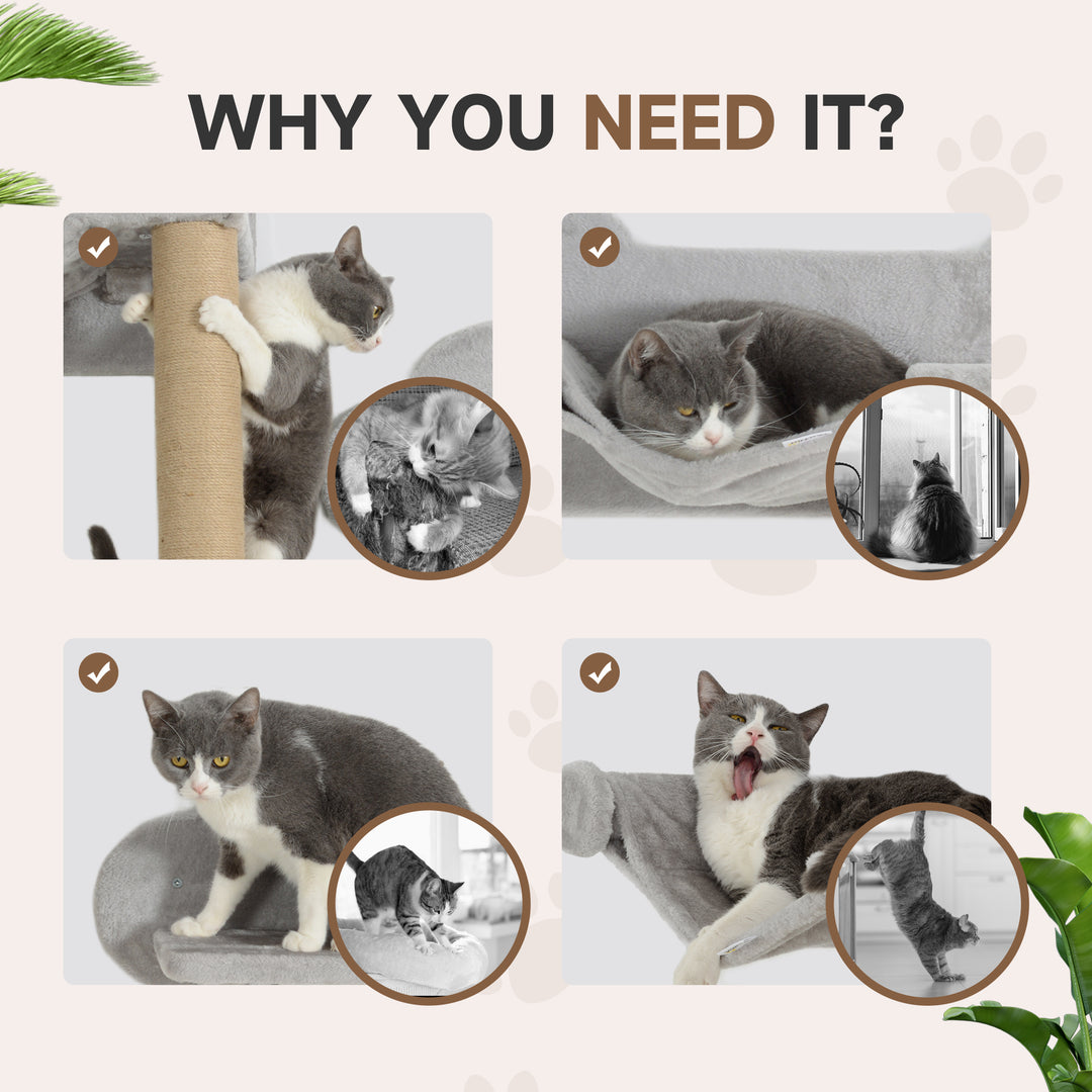 4-Piece Cat Shelves w/ Scratching Post, Steps, Jumping Platform, Ladder, Toy Balls, for Indoor Cats, Light Grey
