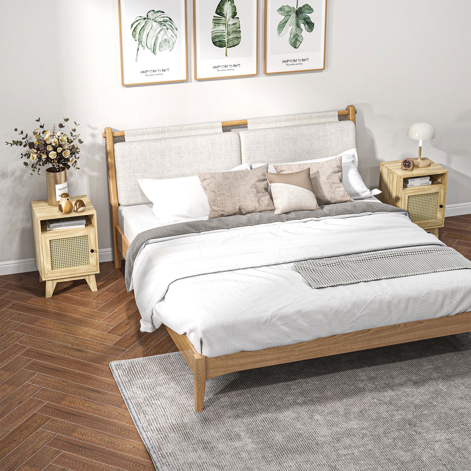 2-Piece Narrow Rattan Nightstands, Side End Table with Shelf and Cupboard, 39cm x 35cm x 60cm, Natural