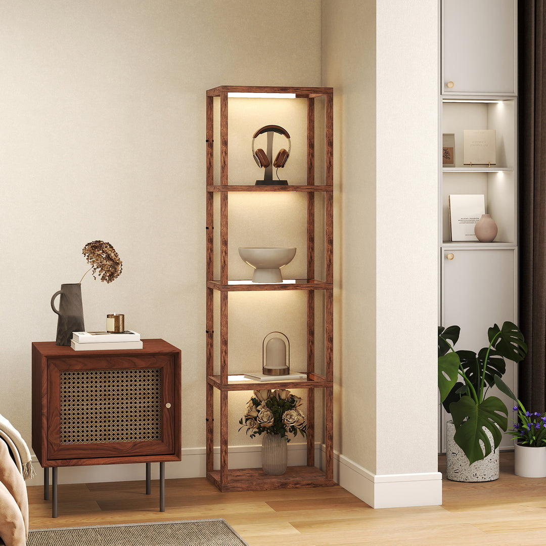 LED Floor Lamp with Glass Shelves, 4 Layers Dimmable Tall Standing Lamp, Modern Column Shelf Floor Light for Living Room, Bedroom, Office, Rustic Brown