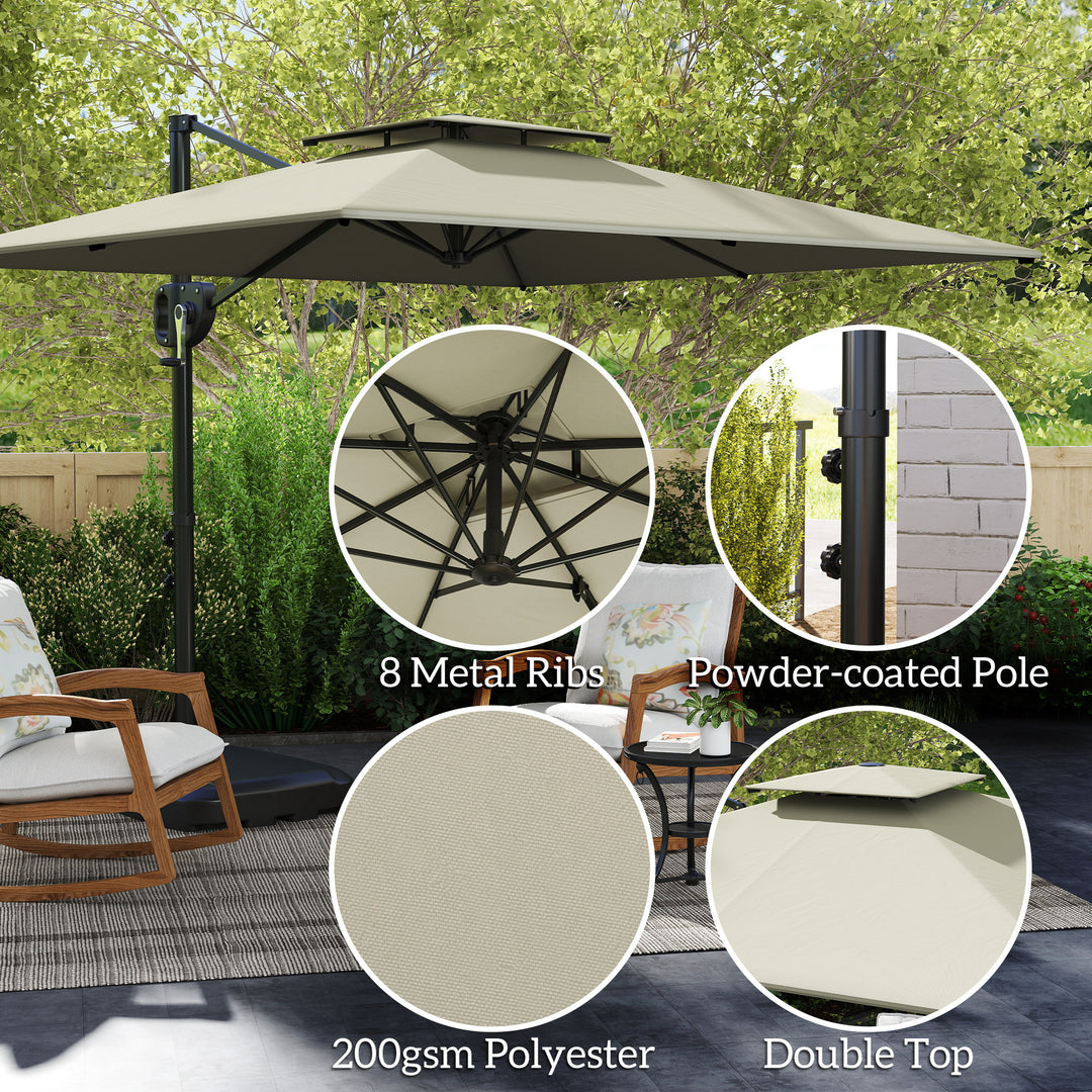Cantilever Parasol with Weighted Base Double Top Garden Parasol Square Hanging Patio Umbrella with Crank Tilt Light Grey