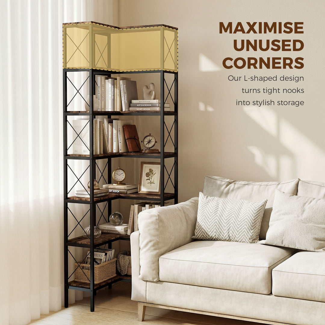 6-Tier L-Shaped Bookshelf, Freestanding Corner Bookcase with Metal Fra