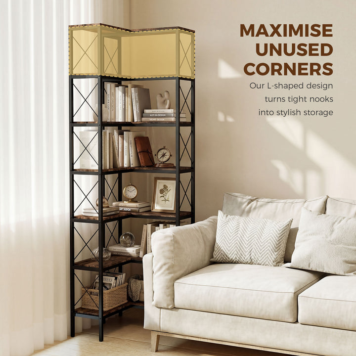 6-Tier L-Shaped Bookshelf, Freestanding Corner Bookcase with Metal Fra