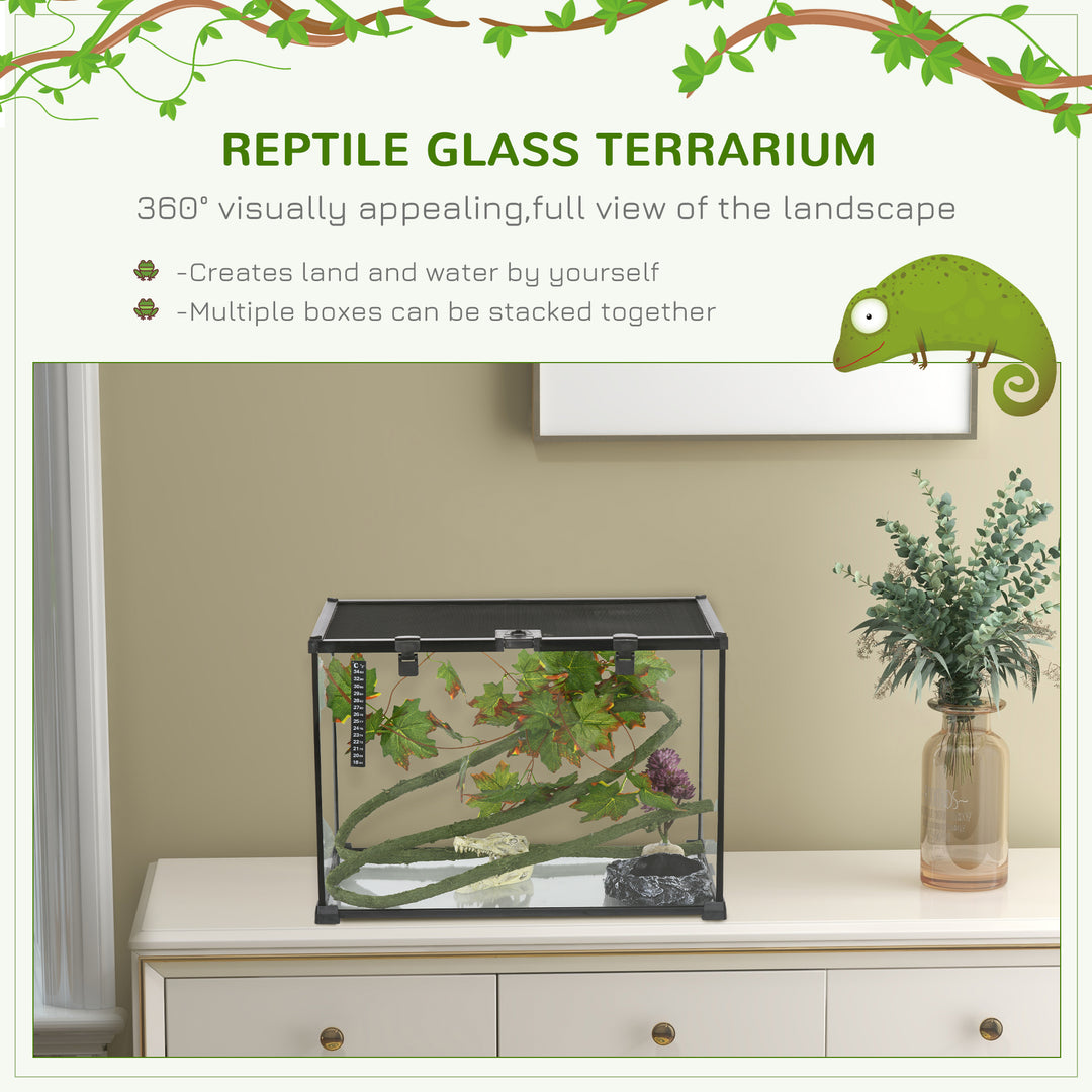 PawHut Glass Reptile Terrarium with Decor Kit, Breeding Tank with Thermometer for Small Animals, 50 x 30 x 35cm, Heated, Black | Aosom UK