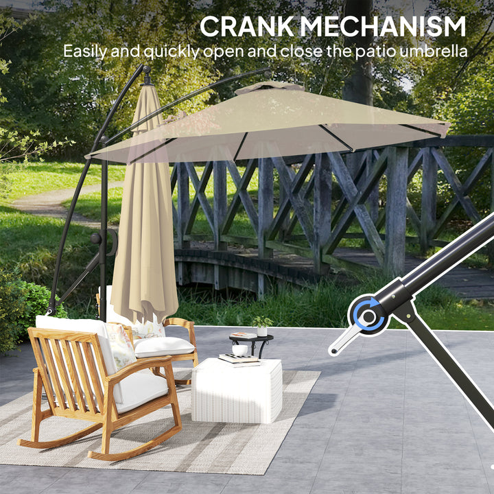 3(m) Garden Cantilever Parasol with Cover and Wind Protection Strap, Round Overhanging Umbrella with Crank Handle and Tilt, Banana Patio Umbrella for Outdoor Sun Shade, UPF50+, Khaki