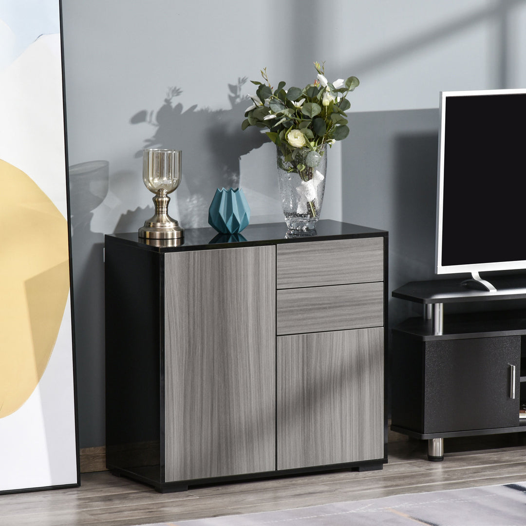 High Gloss Frame Sideboard, Push-Open Design with 2 Drawer for Living Room, Bedroom, 74H x 79W x 36Dcm, Light Grey and Black
