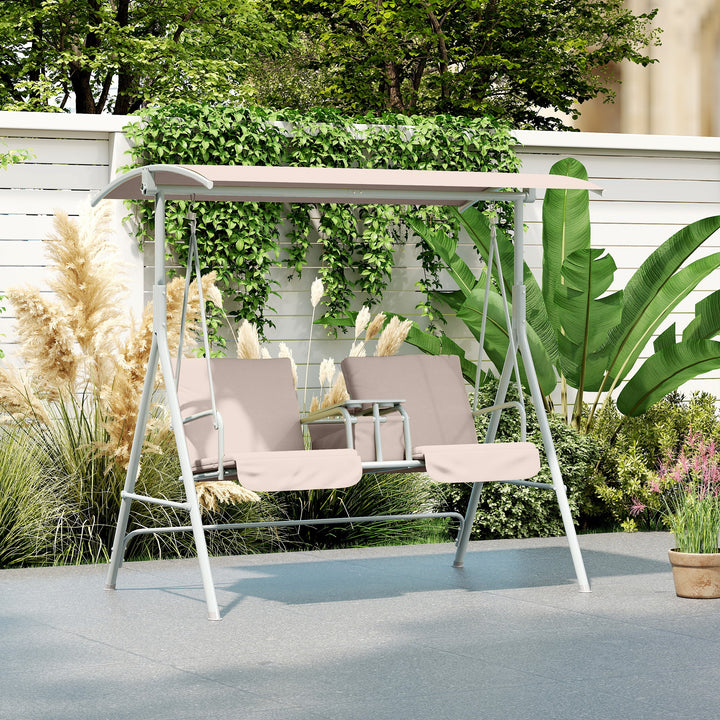 2 Seater Garden Swing Chair Patio Rocking Bench w/ Tilting Canopy, Double Padded Seats, Storage Bag and Tray, Beige