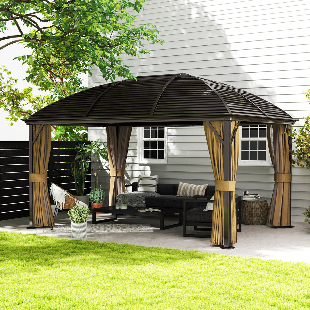 3 x 4m Hardtop Gazebo Canopy with Metal Roof, Aluminium Gazebo Permanent Pavilion with Netting and Curtains, Brown