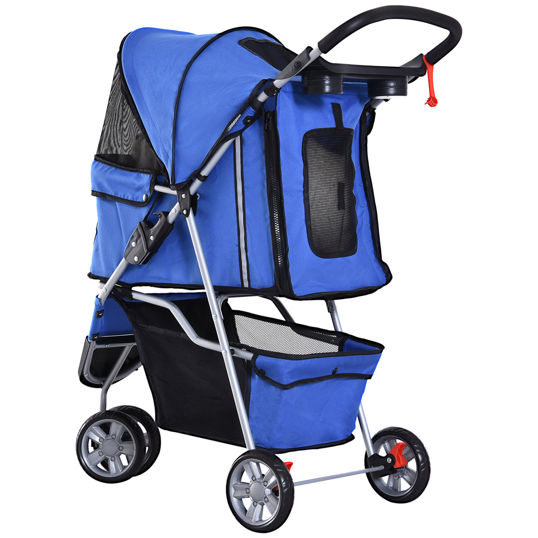 Dog Stroller, 3 Wheels Foldable Cat Dog Pram with Cup Holder, Storage Basket, Pet Stroller for Small Miniature Dogs, Blue