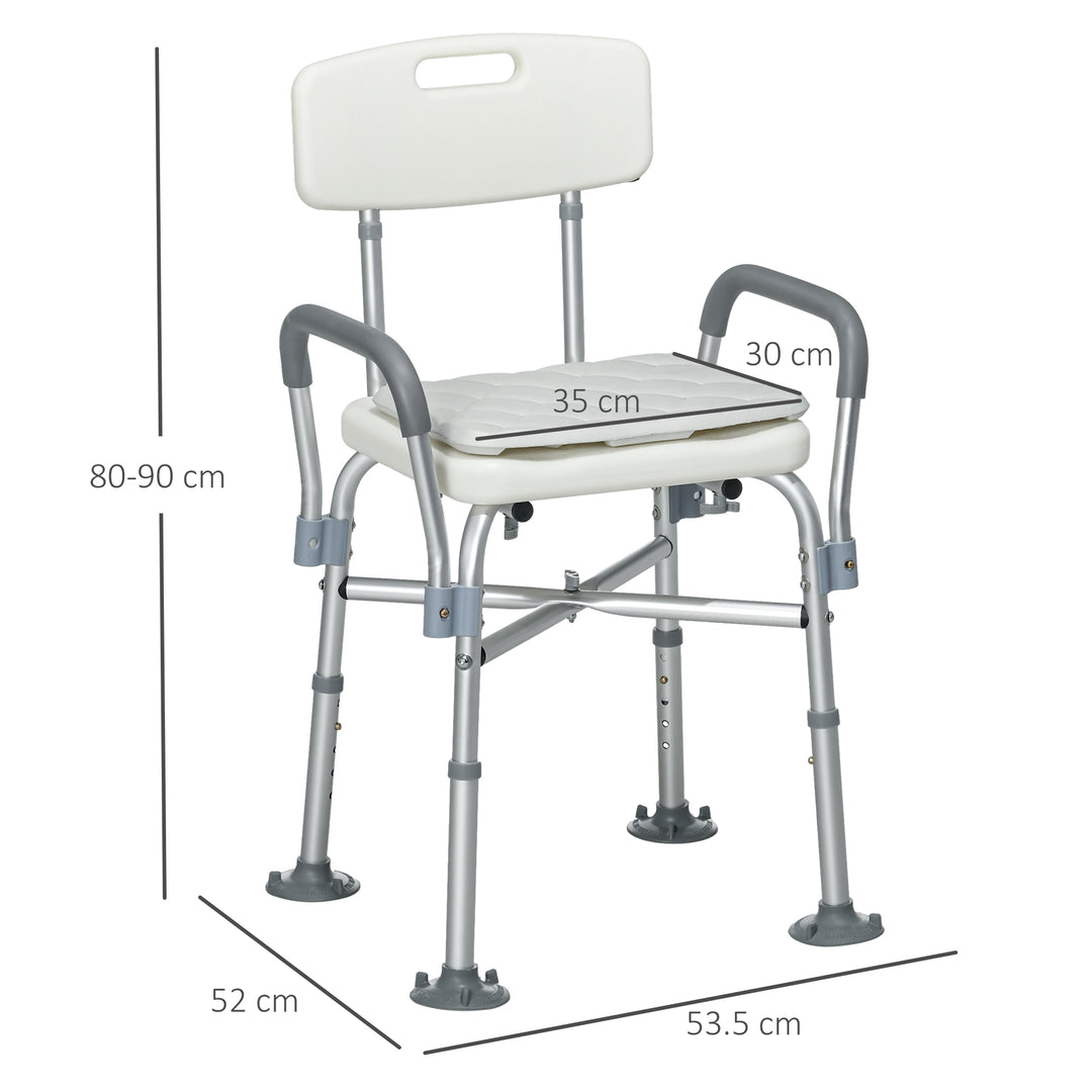 HOMCOM Shower Stool: Adjustable Aluminium Bath Chair with Backrest, Armrests, Detachable Padded Seat, Non-Slip, Whitewater